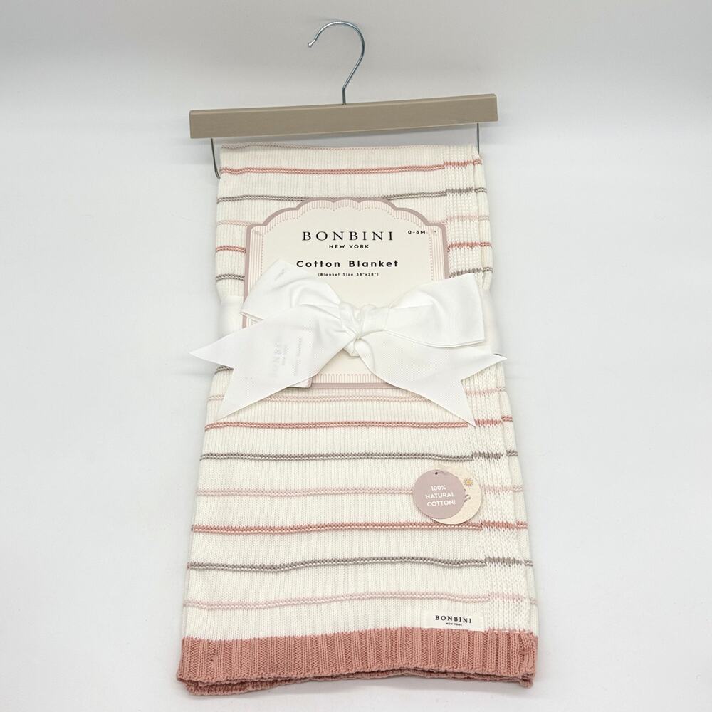 Bonbini Pink Knit 100% Cotton Pink & White Striped Baby Blanket NEW